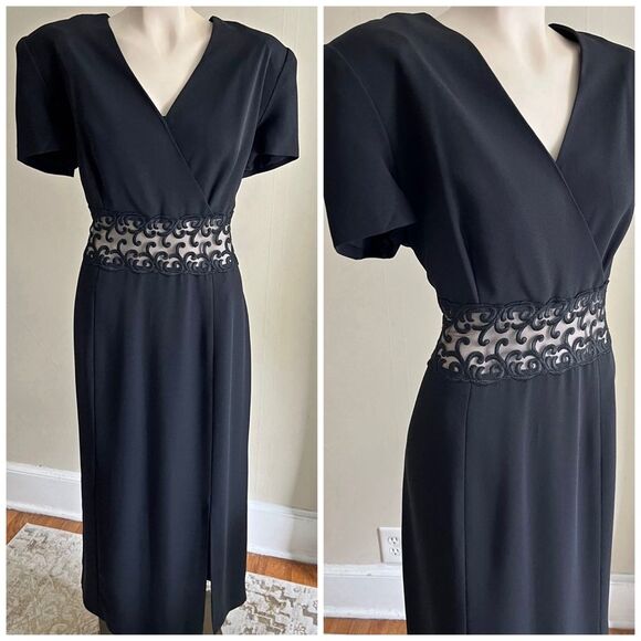 Maggy London Black Mesh Waist Midi Dress Size 14 Fits 12–14 Cocktail Sheath - Picture 1 of 8